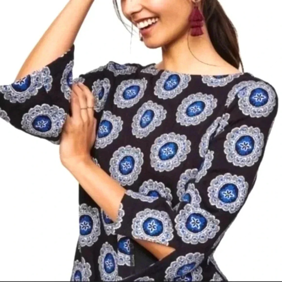 Ann Taylor LOFT A Line Dress Black Medallion 3/4 Sleeve Embroidered Mini Size M - Picture 3 of 15